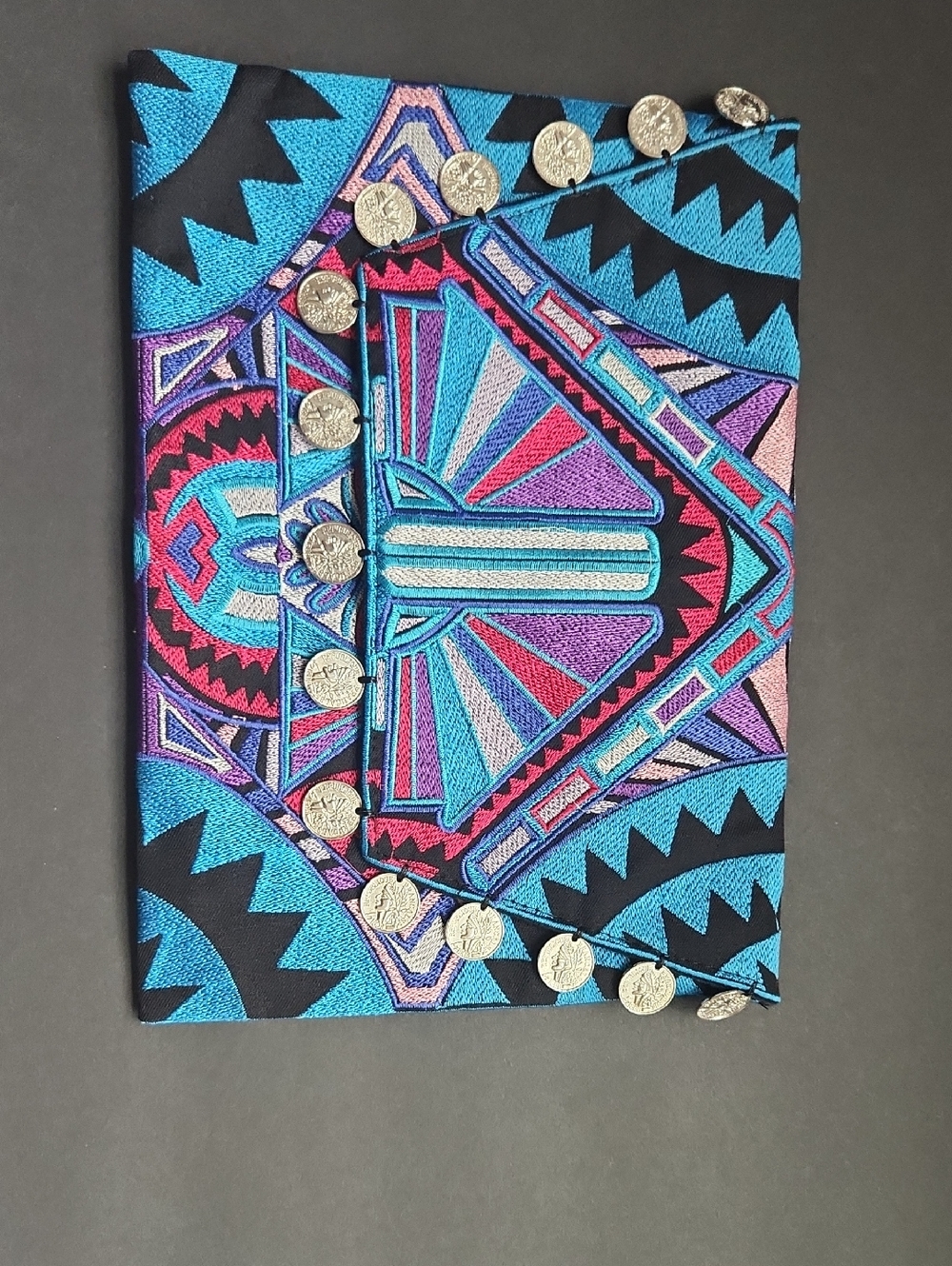 Hmong Embroidered Tribal Carnival Coin Clutch- Teal, Purple, Pink